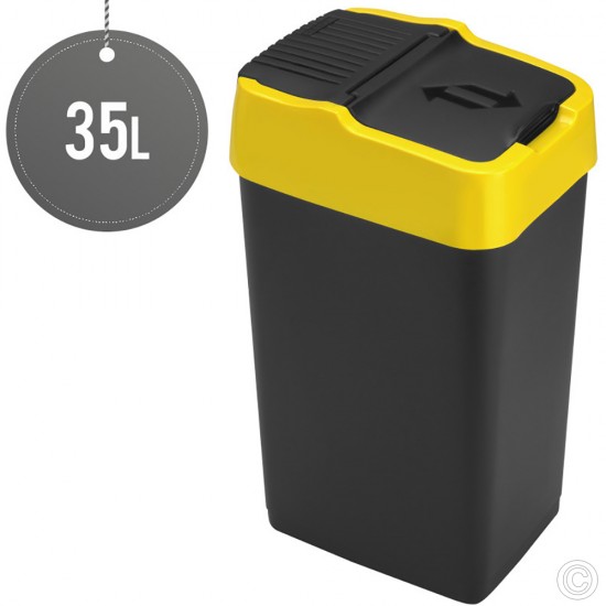 35L Litre Plastic Swing Recycle Kitchen Rubbish Refuse Bin Waste Dustbin With Yellow Lid Home Office image