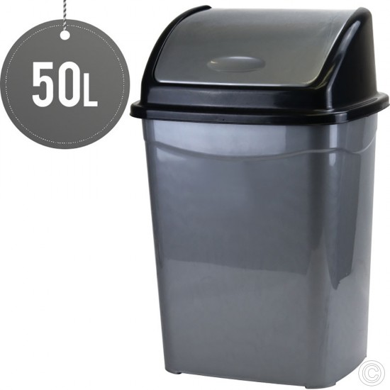 50L Litres Waste Bin Kitchen Swing Top Plastic Grey / Silver Home Office Rubbish Dustbins Heavy Duty Bins & Buckets image