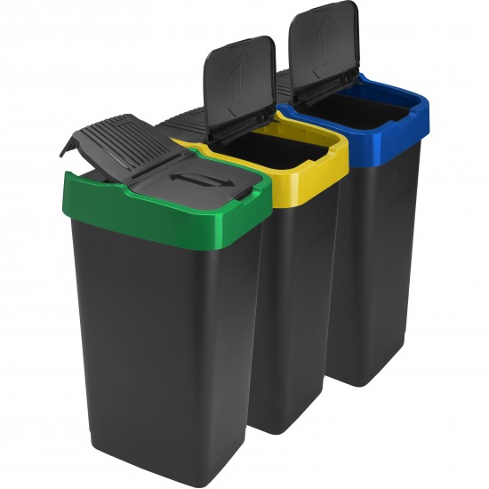 3x 60L Plastic Indoor Recycling Bin with Double Swing Lid Top Colour Coded