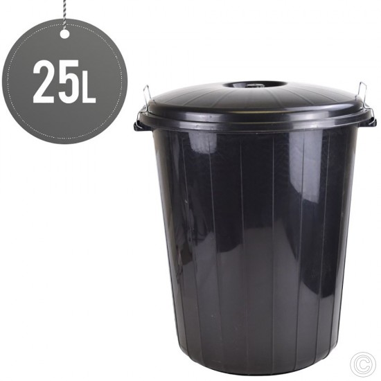 Small Garden Rubbish Waste Bin Locking Lid 25L Litre Black Kitchen Dustbin Home Heavy Duty Bins & Buckets image
