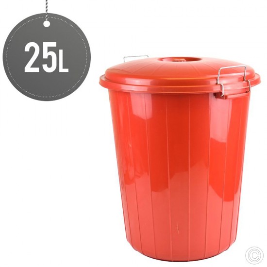 Small Garden Rubbish Waste Bin Locking Lid 25L Litre Red Kitchen Dustbin Home Heavy Duty Bins & Buckets image