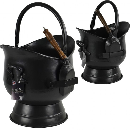 Steel Sallet Coal Bucket Scuttle Hod with Cast Iron Shovel Scoop Antique Style image