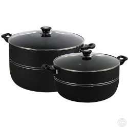 Large Non-Stick Casserole Set 2Pcs Stockpot Set (30 & 32cm, Black) Aluminium Granite Coating Cookware Pots Cooking Stockpot