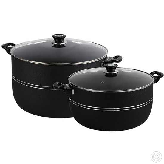 2Pcs Large Non-Stick Casserole Set Stockpot Set (30 & 32cm, Black) Aluminium Granite Coating Cookware Pots Cooking Stockpot Non Stick Cookware image