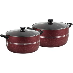 Large Non-Stick Casserole Set Stockpot Set (30 & 32cm,, Red) Aluminium Granite Coating Cookware Pots Cooking Stockpot