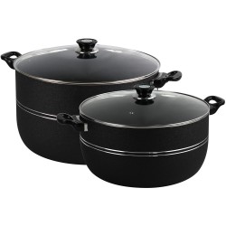 Large Non-Stick Casserole Set Stockpot Set (36 & 40cm, Black) Aluminium Granite Coating Cookware Pots Cooking Stockpot