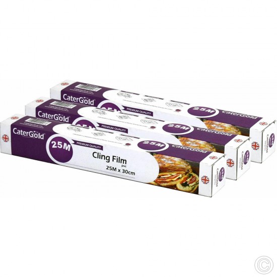 3 X Catering Cling Film 25M x 30CM Cater Gold Kitchen Wrap Disposables For Restaurant & Catering image