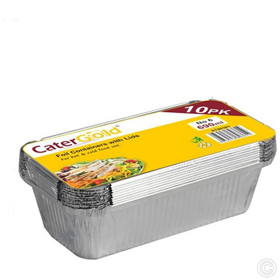 50 X 690ML No.6 Aluminium Foil Takeaway Container Disposable with Lids for Food Storage Silver (5 X 10pk) Foil Products, Foil Containers image