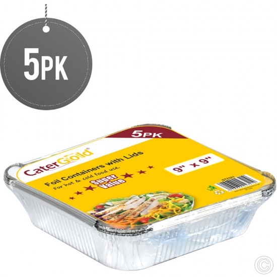 9 inch Aluminium Foil Container  No 9 Takeaway Square Container Disposable with Lids Pack of 5 for Food Storage Silver