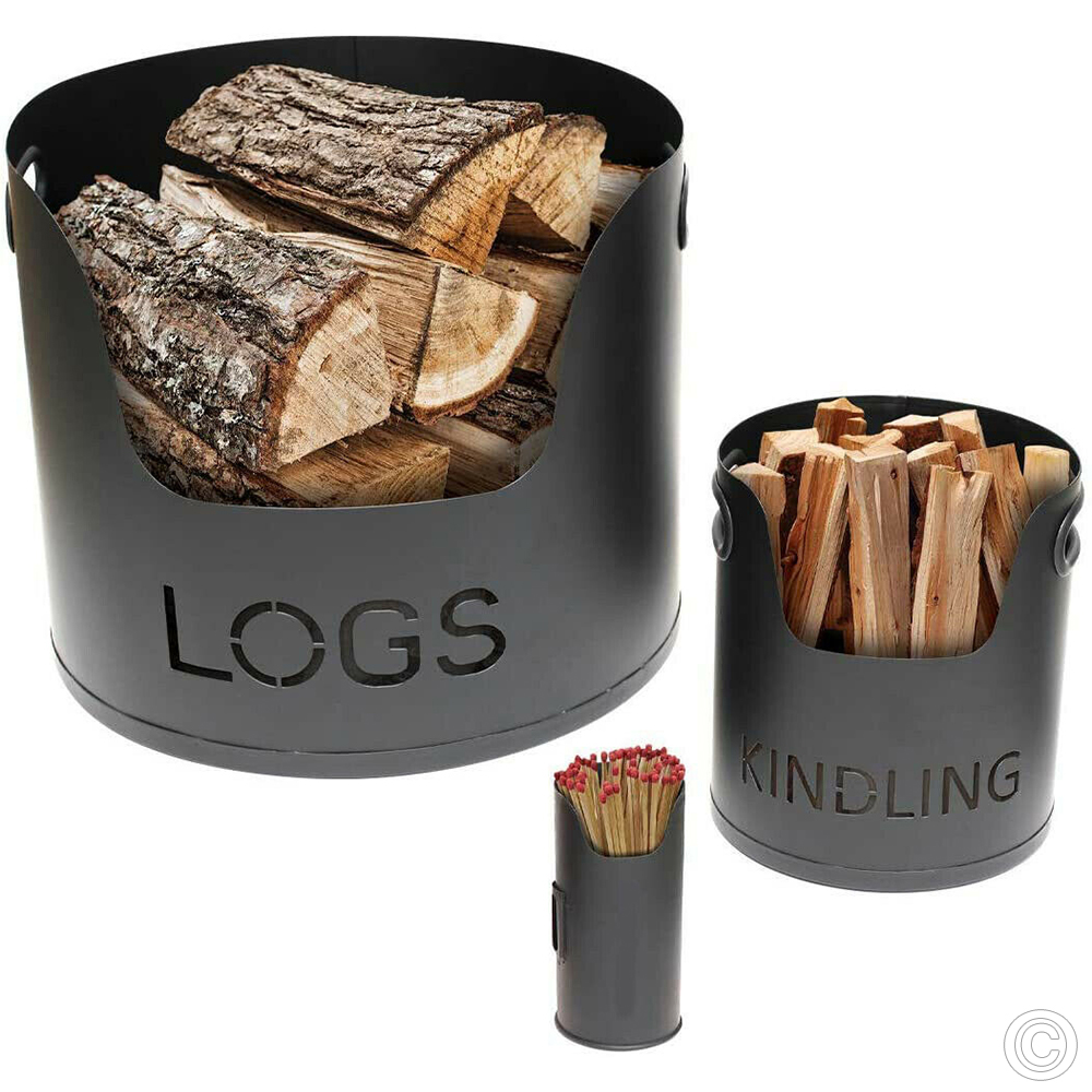 Log Holder With Kindling Bucket & Match Holder