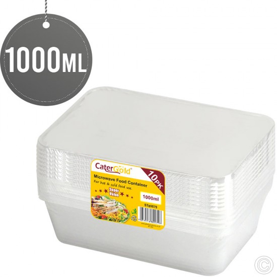 1000CC Microwave Plastic Food Takeaway Containers Disposable 10 Pack with Lids Rectangular BPA Free Freezer Safe Recyclable image