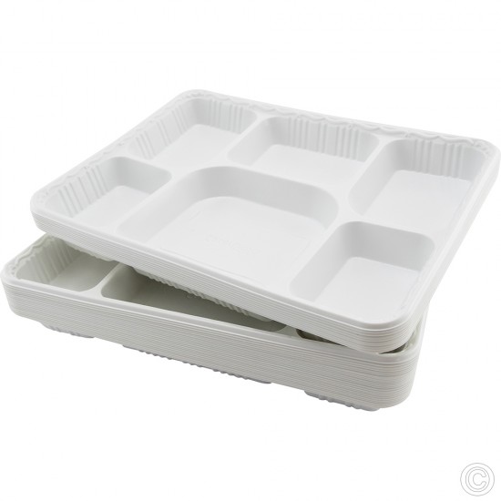 6-Compartment Dinner Plates Plastic Trays Disposable 25 Pack White School Lunch Tray Heavy Duty image