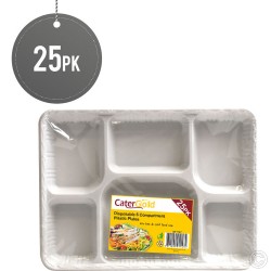 6-Compartment Plastic Plates Dinner Trays Disposable 25 Pack White School Lunch Tray Heavy Duty