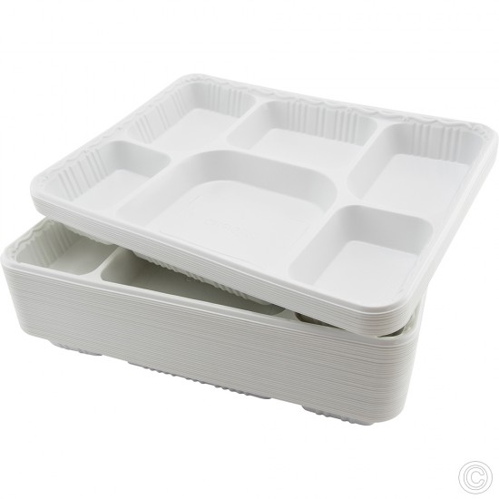 6 - Compartment Dinner Plates Plastic Trays Disposable 50 Pack White School Lunch Tray Heavy Duty image