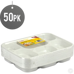 6 Compartment Plastic Plates Dinner Plates  Trays Disposable 50 Pack White School Lunch Tray Heavy Duty