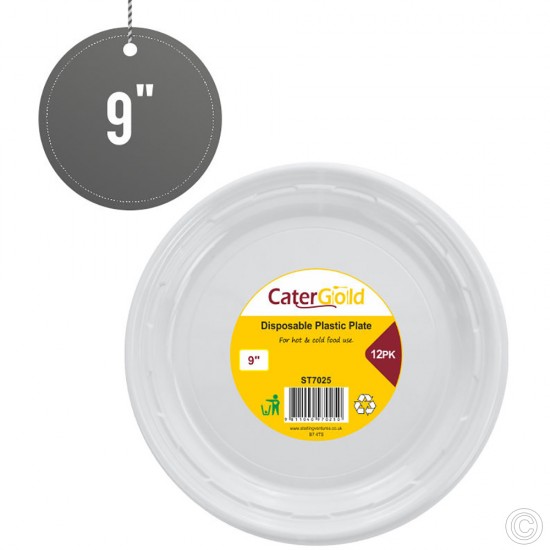 9 inch Large Plastic Plates Disposable Pack of 12 White Quality Durable Plates Ideal for Hot and Cold Food image