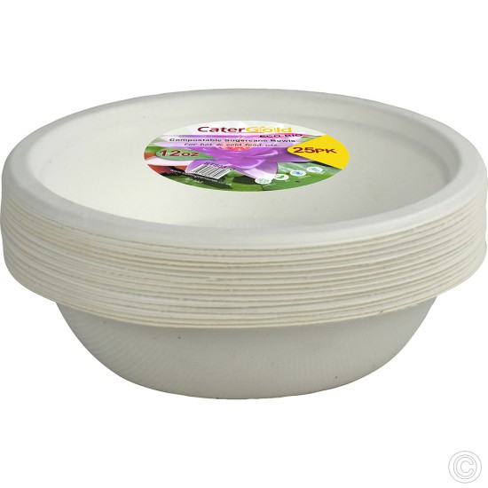 12oz Disposable Paper Bowls Party Tableware (Pack of 25) White Biodegradable Bagasse Bowl Recyclable image