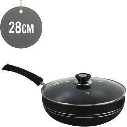 28cm Non stick Wok Pan Black Induction Stir Fry Pan with Lid Deep Frying Pot Granite Coating Long Handle 