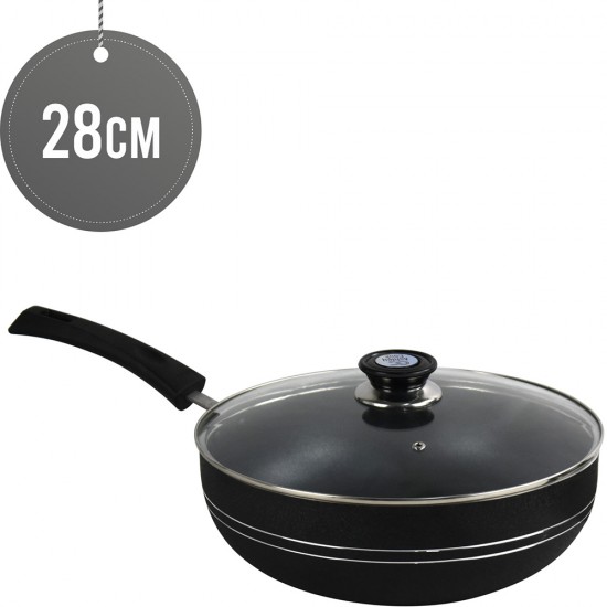 28cm Non stick Wok Pan Black Induction Stir Fry Pan with Lid Deep Frying Pot Granite Coating Long Handle Non Stick Cookware image