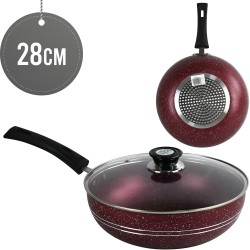 28cm Non stick Wok Pan Red Induction Stir Fry Pan with Lid Deep Frying Pot Granite Coating Long Handle 