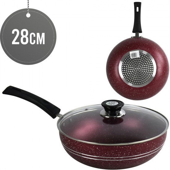 28cm Non stick Wok Pan Red Induction Stir Fry Pan with Lid Deep Frying Pot Granite Coating Long Handle Non Stick Cookware image