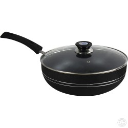 30cm Non stick Wok Pan Black Induction Stir Fry Pan with Lid Deep Frying Pot Granite Coating Long Handle 