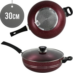 30cm Non stick Wok Pan Red Induction Stir Fry Pan with Lid Deep Frying Pot Granite Coating Long Handle 