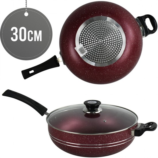 30cm Non stick Wok Pan Red Induction Stir Fry Pan with Lid Deep Frying Pot Granite Coating Long Handle image