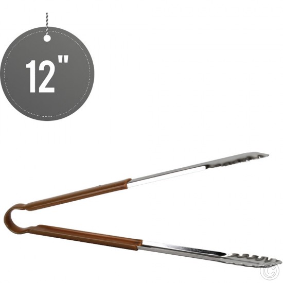 12 inches Stainless Steel Food Tongs Salad Serving BBQ Tong with Brown Coloured Non Slip Handle image