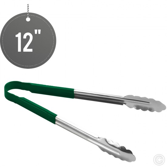 12 inches Stainless Steel Food Tongs Salad Serving BBQ Tong with Green Coloured Non Slip Handle image