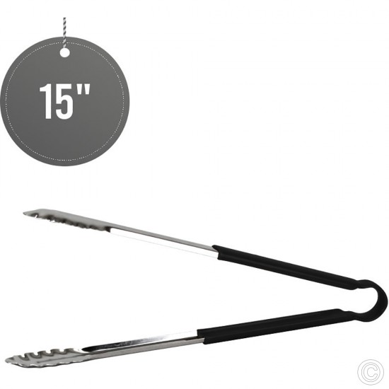 15 inches Stainless Steel Food Tongs Salad Serving BBQ Tong with Black Coloured Non Slip Handle image