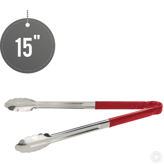 15 inches Stainless Steel Food Tongs Salad Serving BBQ Tong with Red Coloured Non Slip Handle Prof Series Cookware image