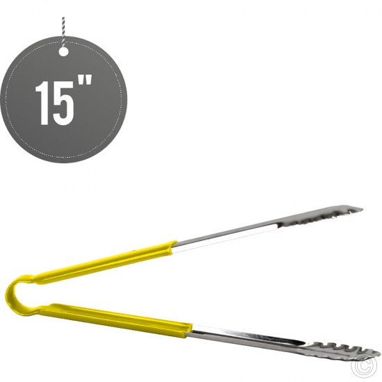 15 inches Stainless Steel Food Tongs Salad Serving BBQ Tong with Yellow Coloured Non Slip Handle image