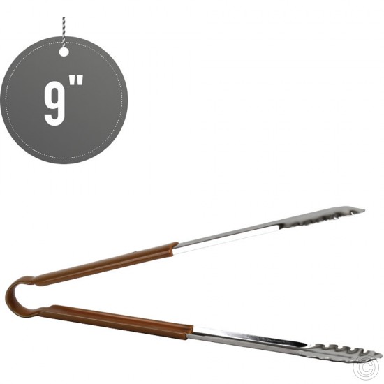 9 inches Stainless Steel Food Tongs Salad Serving BBQ Tong with Brown Coloured Non Slip Handle image