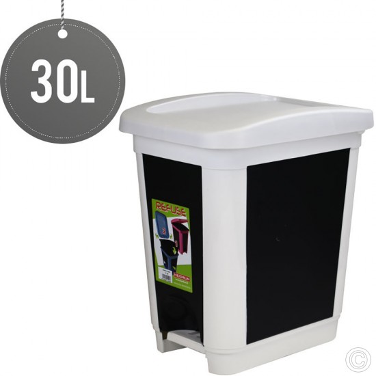 30L Litre Plastic Pedal Waste Bin Kitchen Recycle Rubbish Bins Office Home Bathroom Black White image