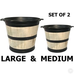 Set of 2 Large and Small Heavy Duty Galvanised Steel Wooden Bucket 35L