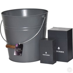 Heavy Duty Galvanised Steel Fireplace Storage Bucket Match Box Set Grey