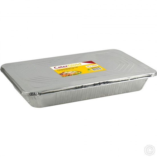 Catergold Large Rectangle Disposable Aluminium Foil Trays with Lids 52 x 33 x 8cm Approx (Single Tray), Silver image