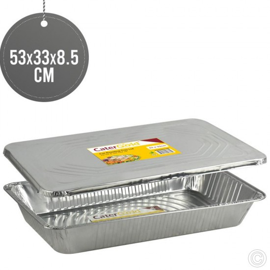 Catergold Large Rectangle Disposable Aluminium Foil Trays with Lids 52 x 33 x 8cm Approx (Single Tray), Silver image