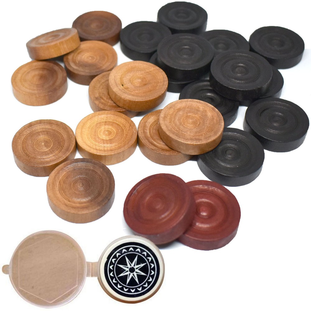 GICO Set Pedine Per Carrom Standard – 11 Nere, 11 Naturali, 2 Rosse, In Legno Con Sacchetto