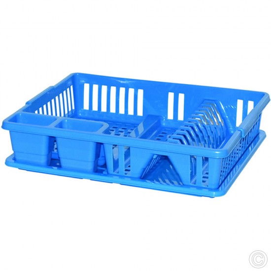 Plastic Dish Drainer Rack With DripTray & Cutlery Holder 47x39x10.5cm Blue Tools & Gadgets image