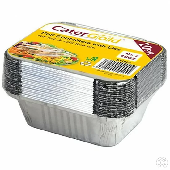 100 X 16oz No.2 Aluminium Foil Takeaway Container Disposable with Lids for Food Storage Silver (5 X 20 pack) image