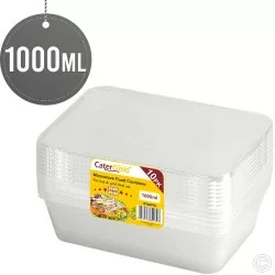 Microwave Plastic Food Containers 1000CC Takeaway  Disposable 10 Pack with Lids Rectangular BPA Free Freezer Safe Recyclable
