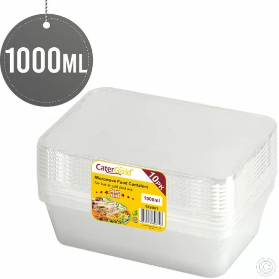 1000CC Microwave Plastic Food Takeaway Containers Disposable 10 Pack with Lids Rectangular BPA Free Freezer Safe Recyclable image