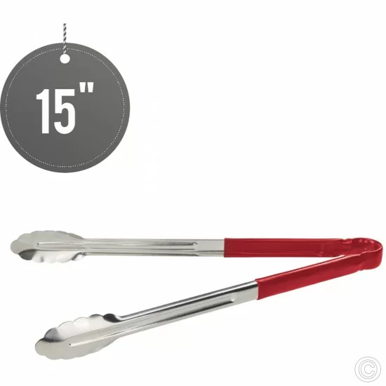 15 inches Stainless Steel Food Tongs Salad Serving BBQ Tong with Red Coloured Non Slip Handle Prof Series Cookware image